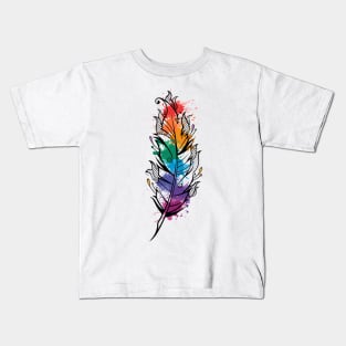 Beautiful colorful bird feather with watercolor paints Kids T-Shirt